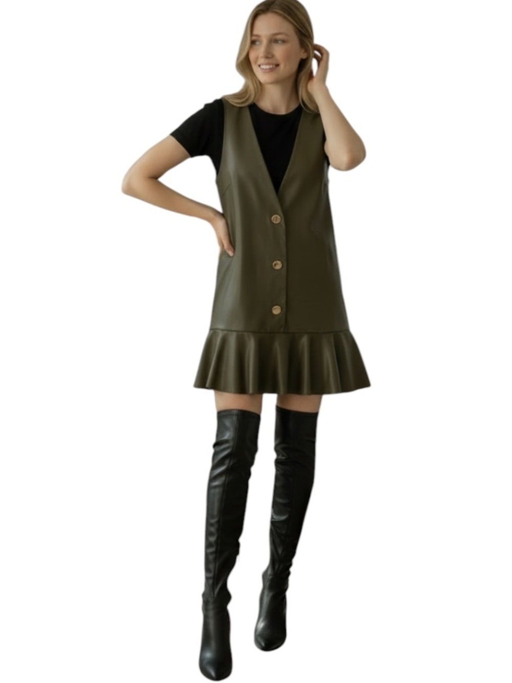 NWT Zara Vegan Leather Pinafore Ruffled Mini Dress Gold Tone Buttons Size S